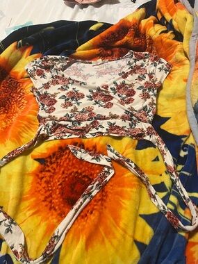 Floral Wrap Crop Top - Cream with Pink Rose Print